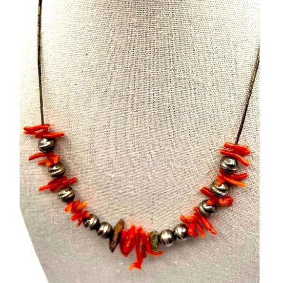 Vintage Orange Coral & Silver Bead Necklace With Turquoise Accents - Picture 2 of 7